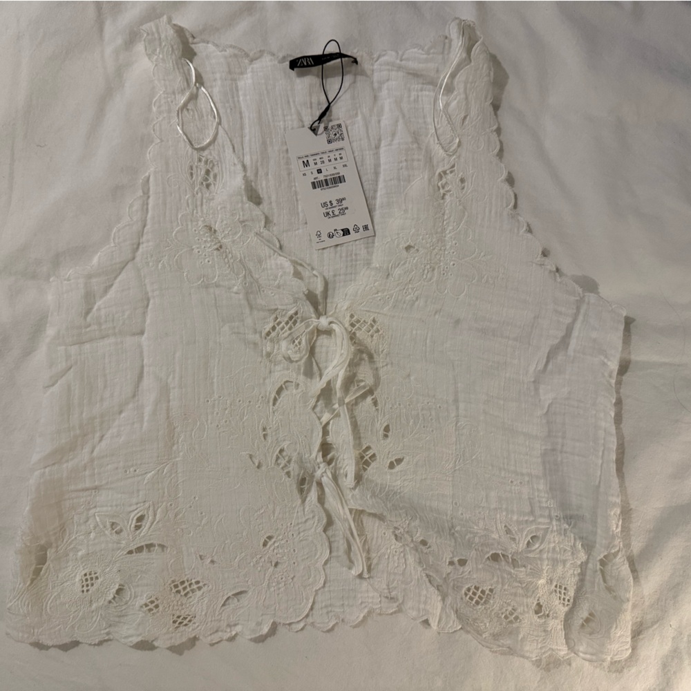 Zara Tie Front White Lace Floral Vest Tank NWT